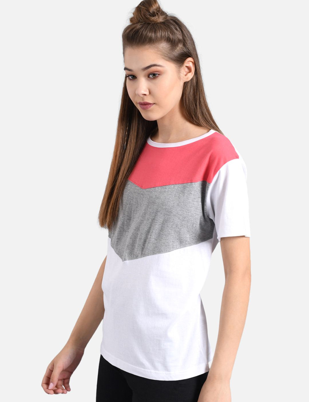 Kotty Women Pink & Grey Solid Round Neck T-shirt