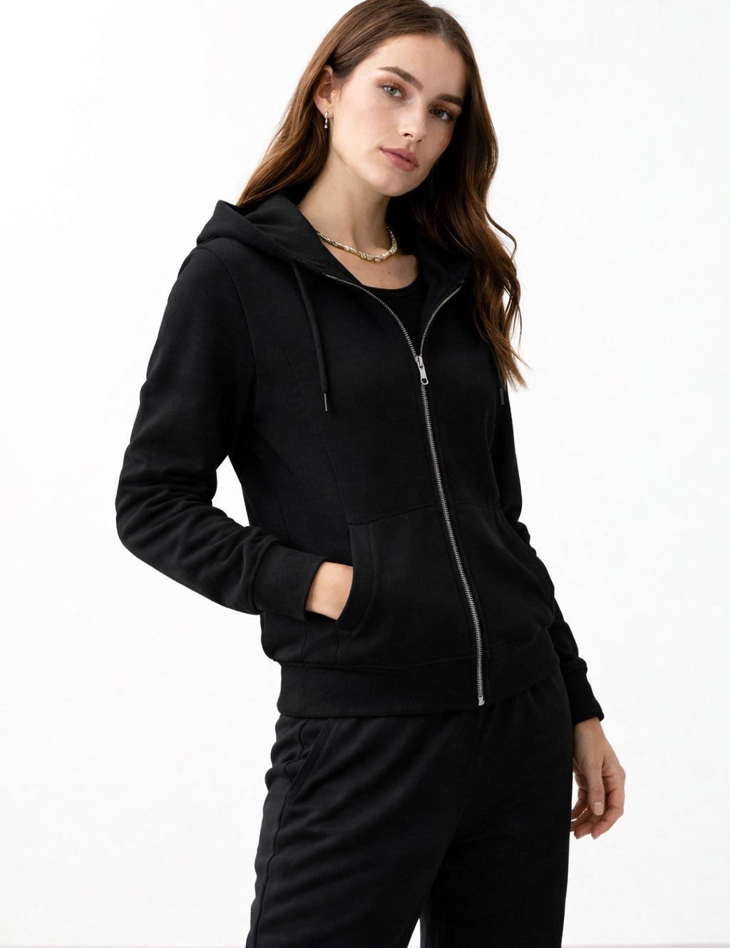 KOTTY Women's Black Zip Up Hoodie Tracksuit Jogger Set