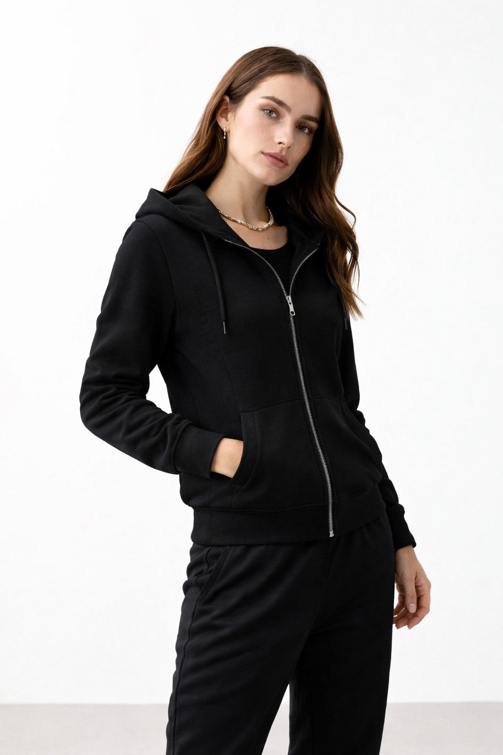 KOTTY Women's Black Zip Up Hoodie Tracksuit Jogger Set