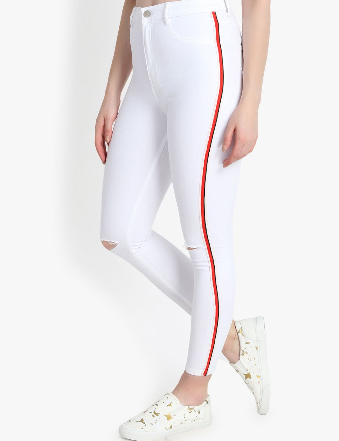 Kotty Women White Skinny Fit High-Rise Slash Knee Cropped Jeans