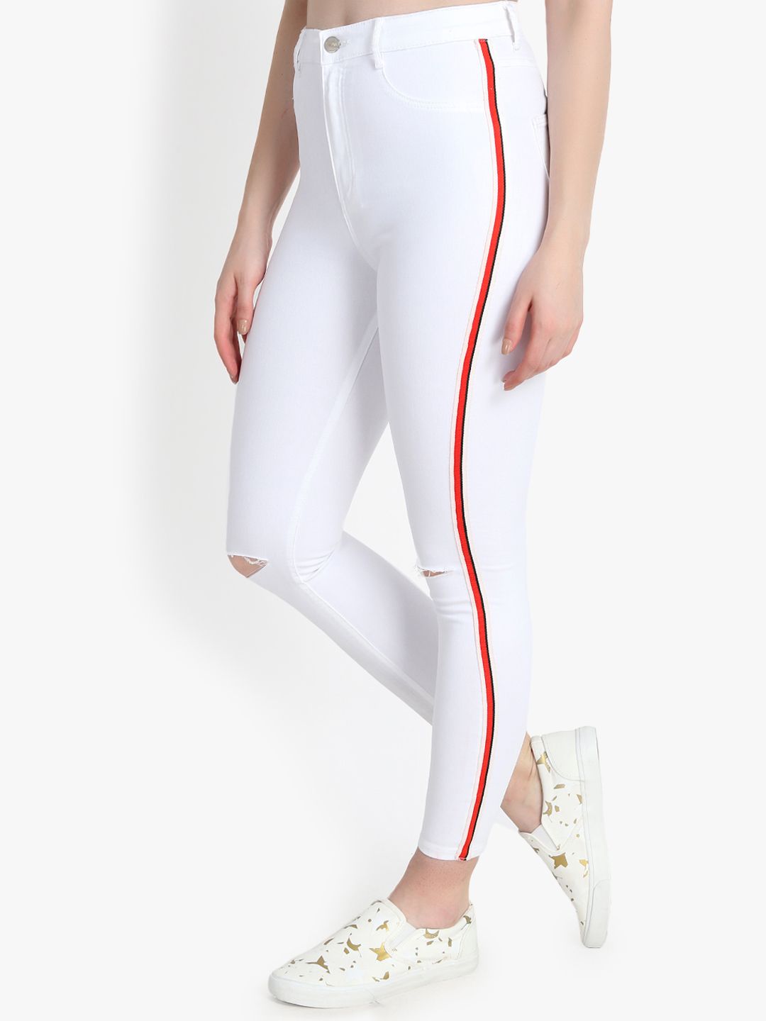 Kotty Women White Skinny Fit High-Rise Slash Knee Cropped Jeans