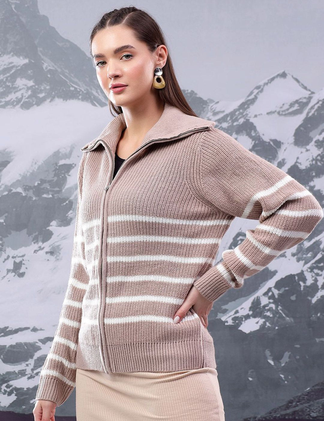 Kotty Women Striped Shirt Collar Cardigan Sweater with Zip Detail 