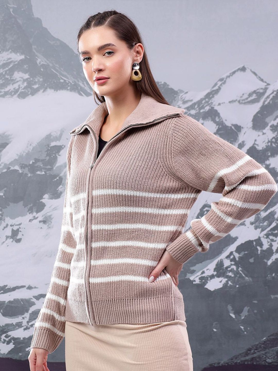 Kotty Women Striped Shirt Collar Cardigan Sweater with Zip Detail 