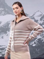 Kotty Women Striped Shirt Collar Cardigan Sweater with Zip Detail 