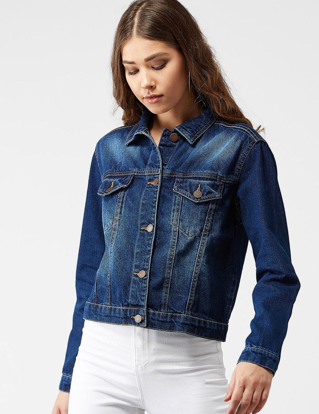 Kotty Women Navy Blue Solid Denim Jacket