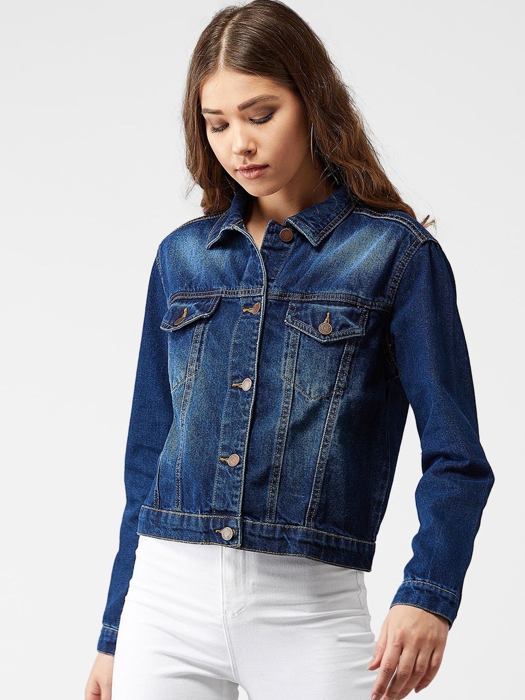 Kotty Women Navy Blue Solid Denim Jacket