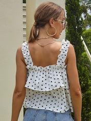 Kotty White & Black Polka Dot Printed Shoulder Strap Ruffled A-Line Crop Top