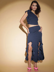Kotty Navy Blue One Shoulder Top With Skirt  