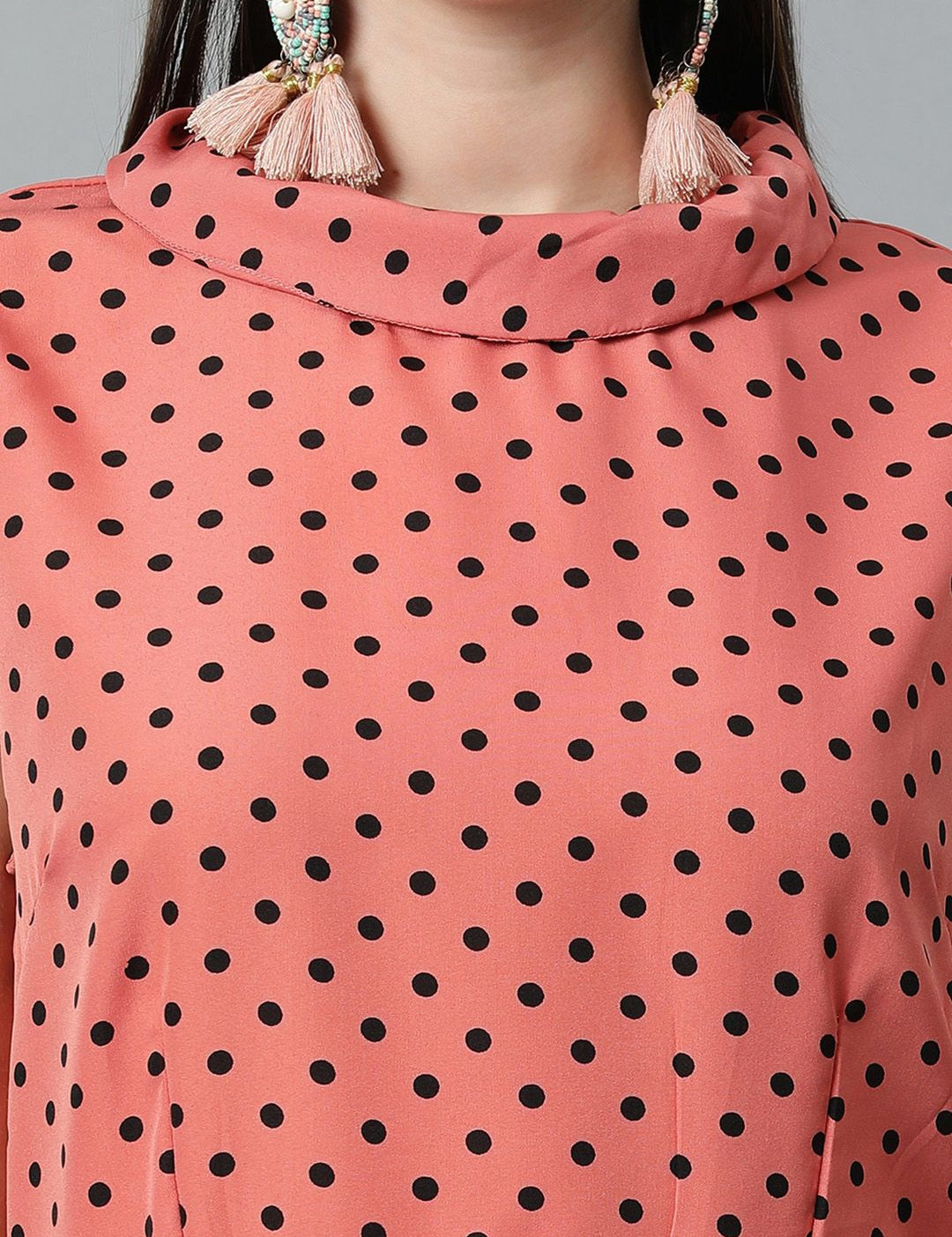 Kotty Polka Dot Printed High Neck Sleeveless Fit & Flare Midi Dress