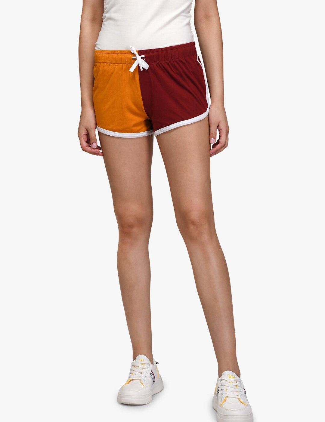 Kotty Women Mustard Yellow & Maroon Colourblocked Regular Fit Regular Shorts