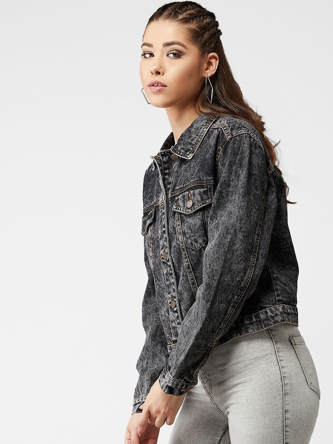 Kotty Women Grey Solid Denim Jacket