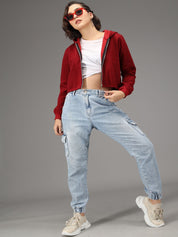 Kotty Women Maroon Solid Fleece Hooded Front-Open Crop Sweatshirt