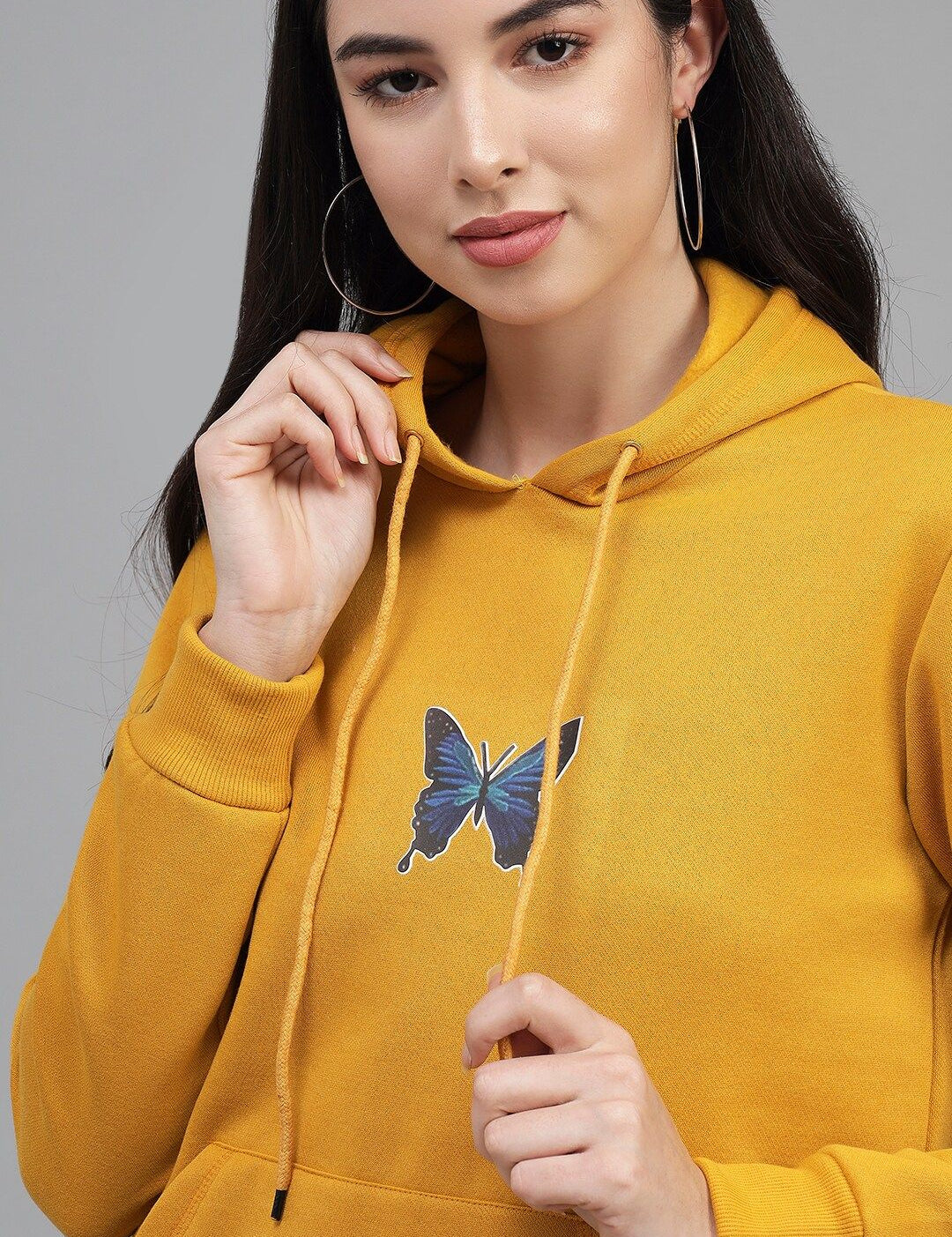 Kotty Women Mustard Printed Hooded Sweatshirt