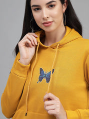Kotty Women Mustard Printed Hooded Sweatshirt