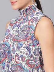 Kotty White Floral Printed High Neck Crepe Top