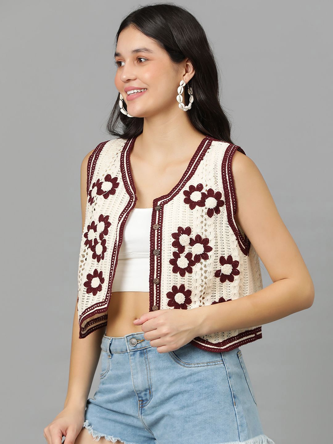 Kotty Floral Self Design Crochet V-Neck Crop Top