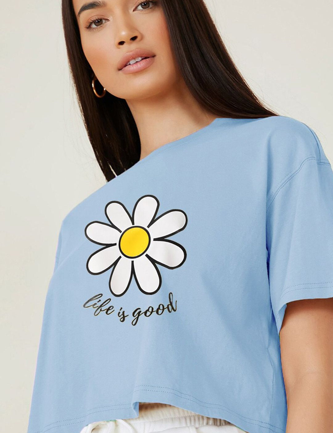 Kotty Round Neck  Drop-Shoulder Sleeves Graphic Printed Oversized Crop T-shirt