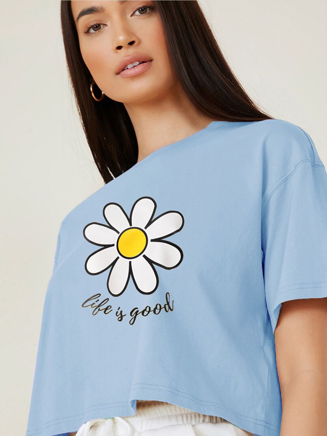 Kotty Round Neck  Drop-Shoulder Sleeves Graphic Printed Oversized Crop T-shirt