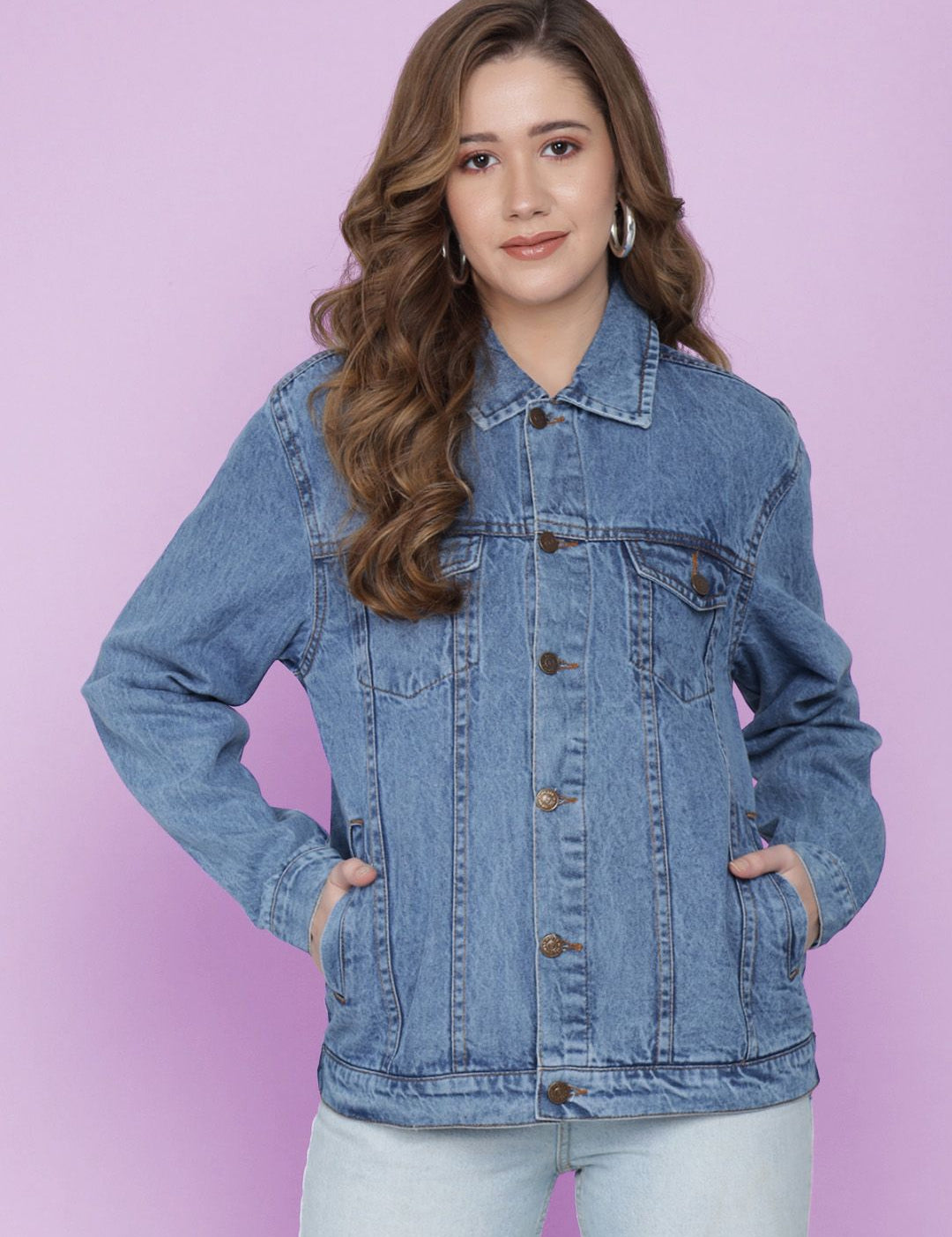 Kotty Women Spread Collar Washed Self Design Cotton Casual Denim Jacket