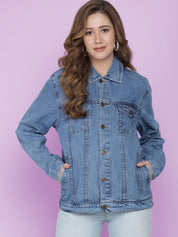 Kotty Women Spread Collar Washed Self Design Cotton Casual Denim Jacket