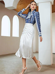 Kotty Floral Print Tie-Up Neck Crepe Shirt Style Top