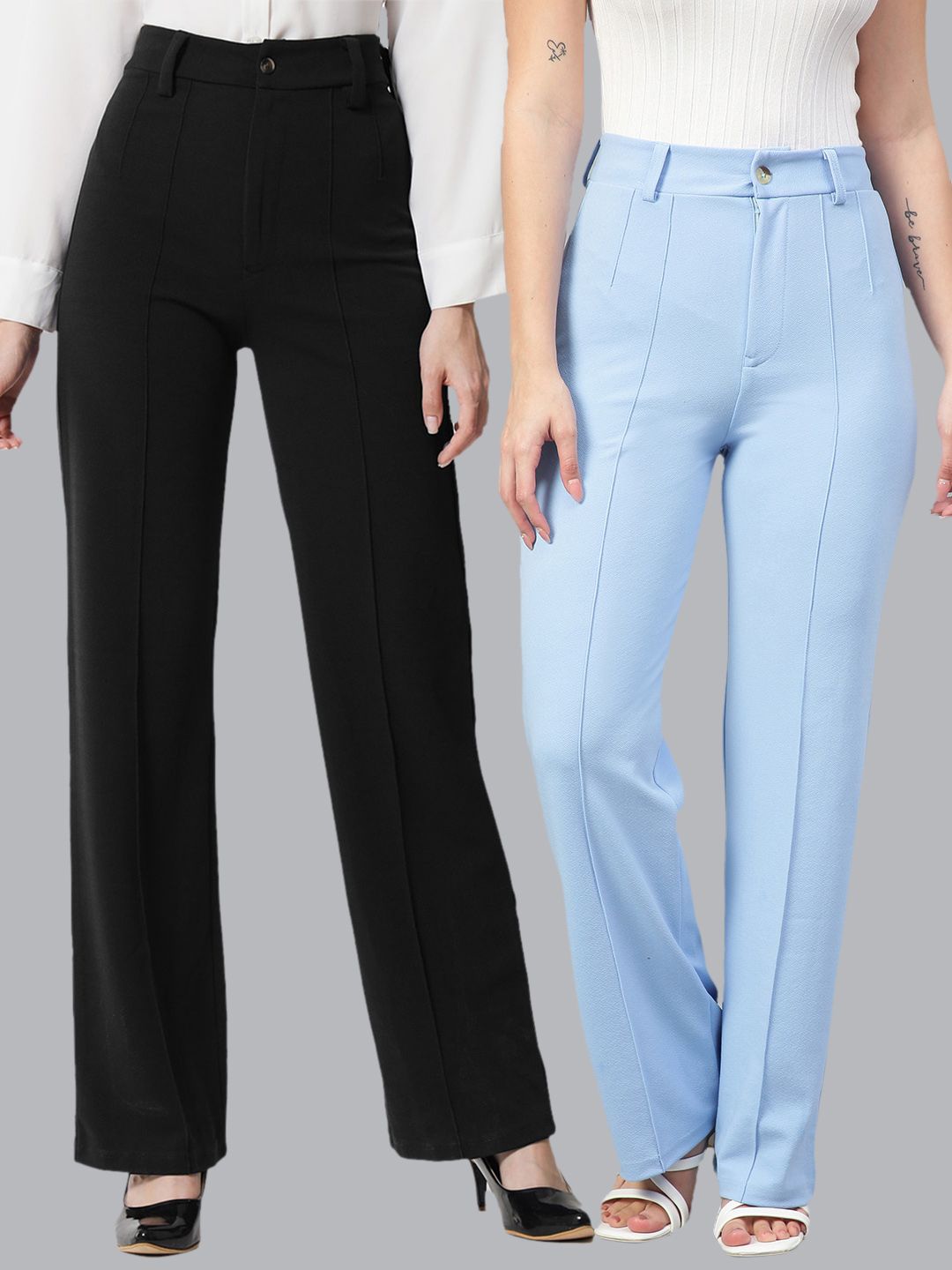 KOTTY BIZwear Women Pack Of 2 High-Rise Easy Wash Relaxed Straight Leg Parallel Trousers