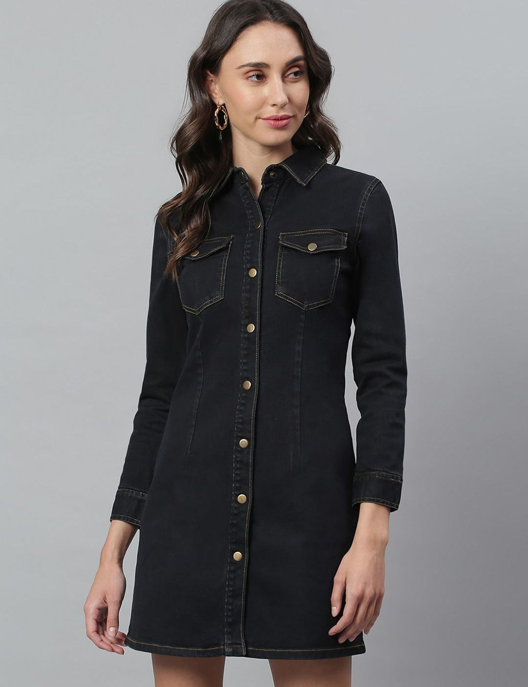Kotty Women Black Solid Cotton Denim Shirt Dress