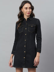 Kotty Women Black Solid Cotton Denim Shirt Dress