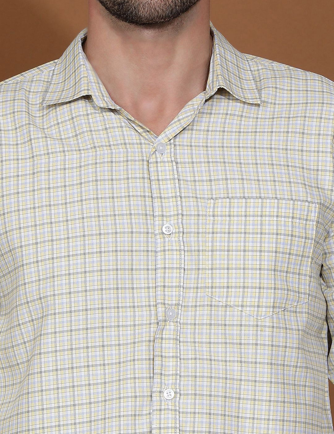 Kotty White & Yellow New Grid Tattersall Checks Spread Collar Casual Shirt