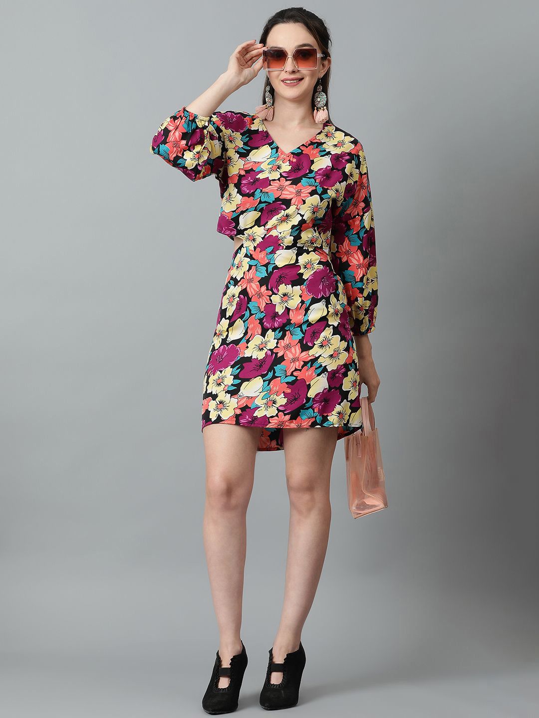 Kotty Floral Printed Cuffed Sleeves Wrap Dress