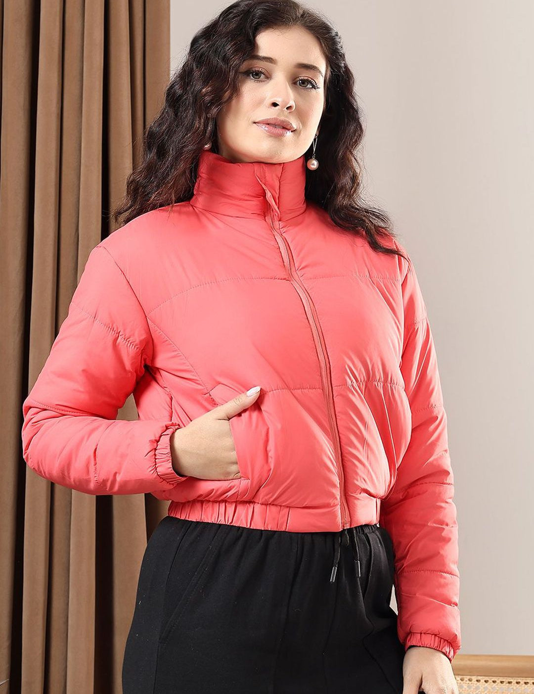 Kotty Women Mock Collar Solid Casual Puffer Insulator Jacket