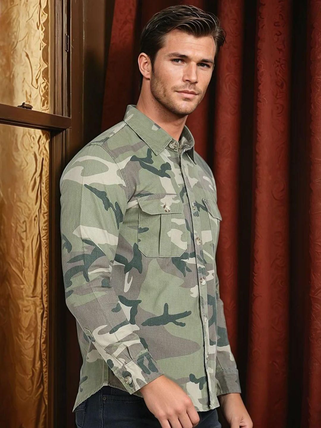 Kotty Men Spread Collar Camouflage Printed Denim Cotton Jacket