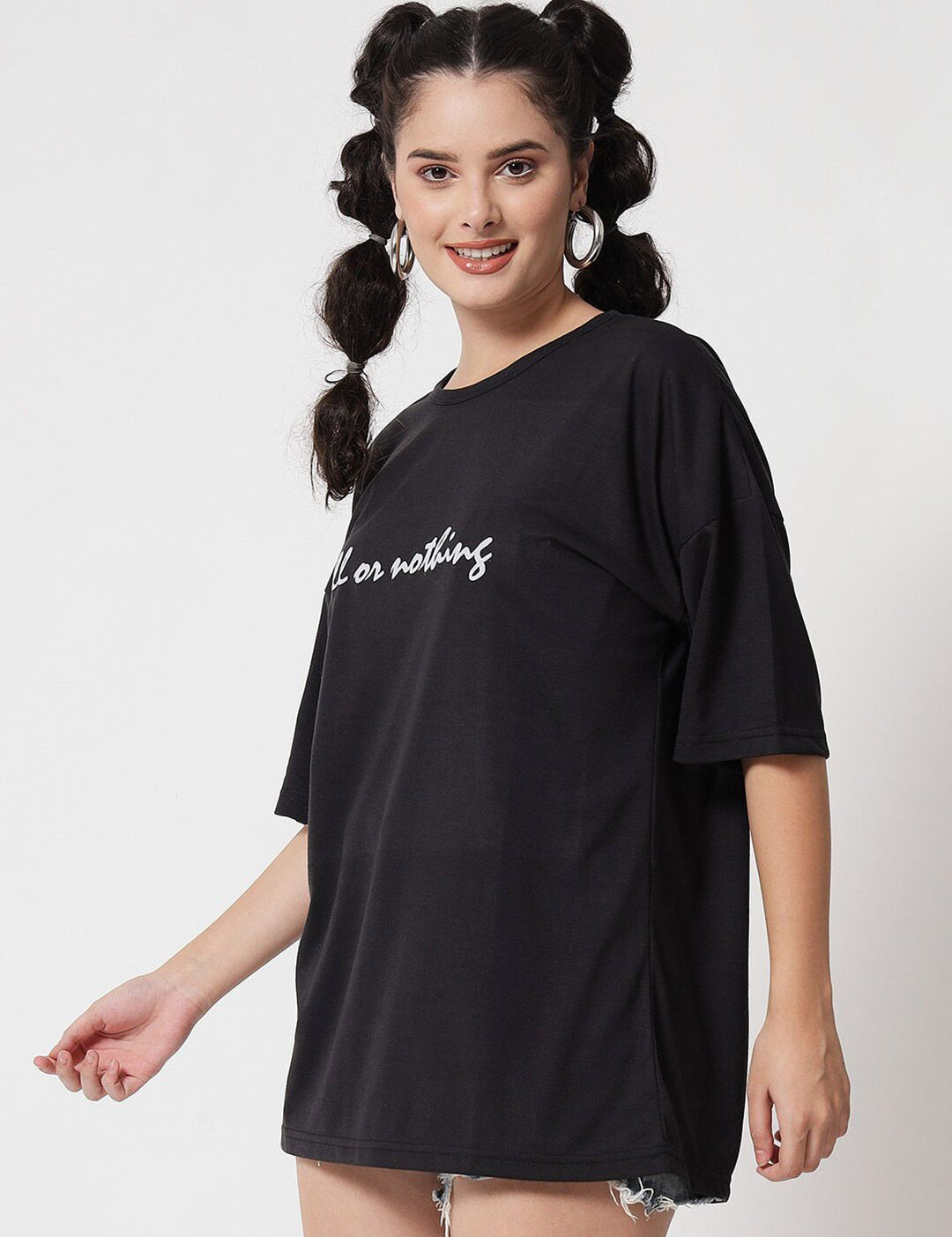 Kotty Women Black Typography Printed V-Neck Oversized T-shirt