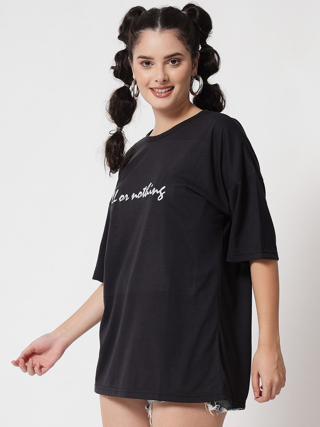 Kotty Women Black Typography Printed V-Neck Oversized T-shirt