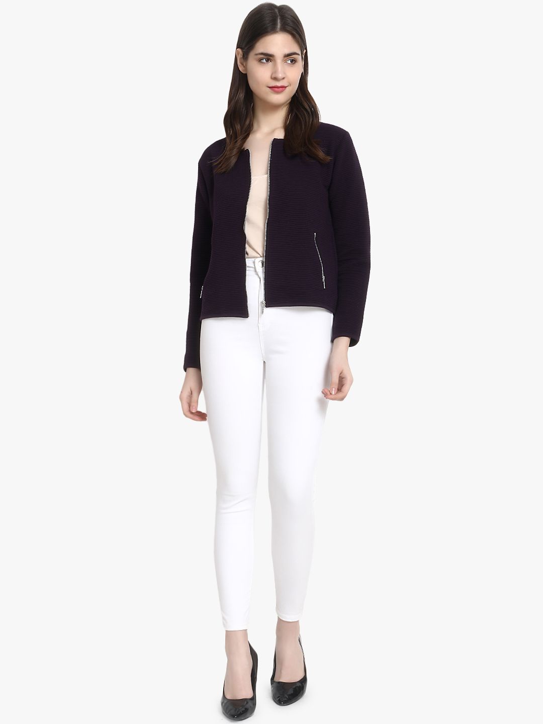 Kotty Women Purple Self Design Lightweight Tailored Jacket