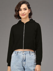 Kotty Women Black Solid Hooded Front-Open Cropped Sweatshirt