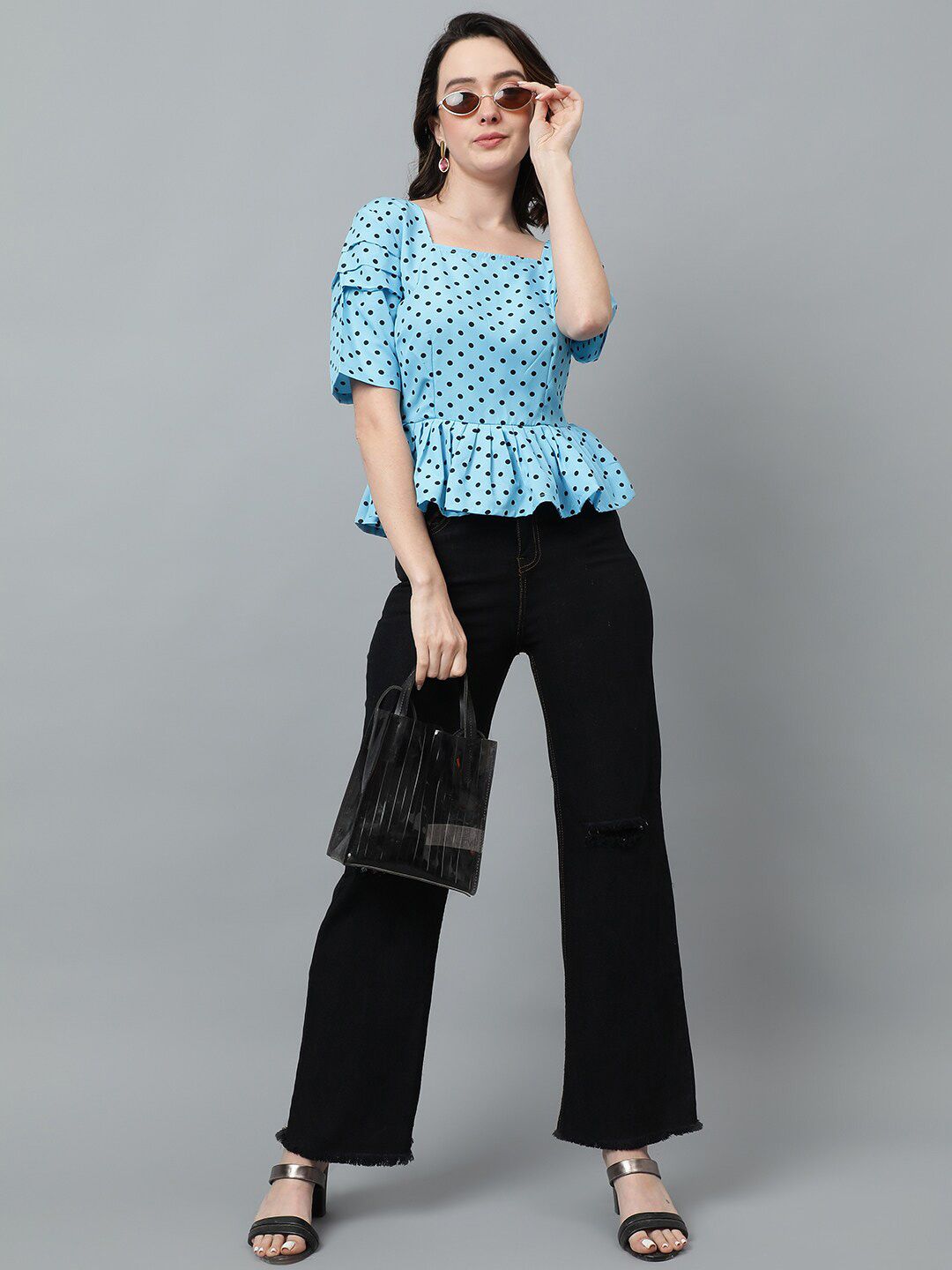 Kotty Blue Polka Dot Printed Crepe Peplum Top