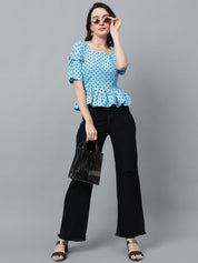 Kotty Blue Polka Dot Printed Crepe Peplum Top