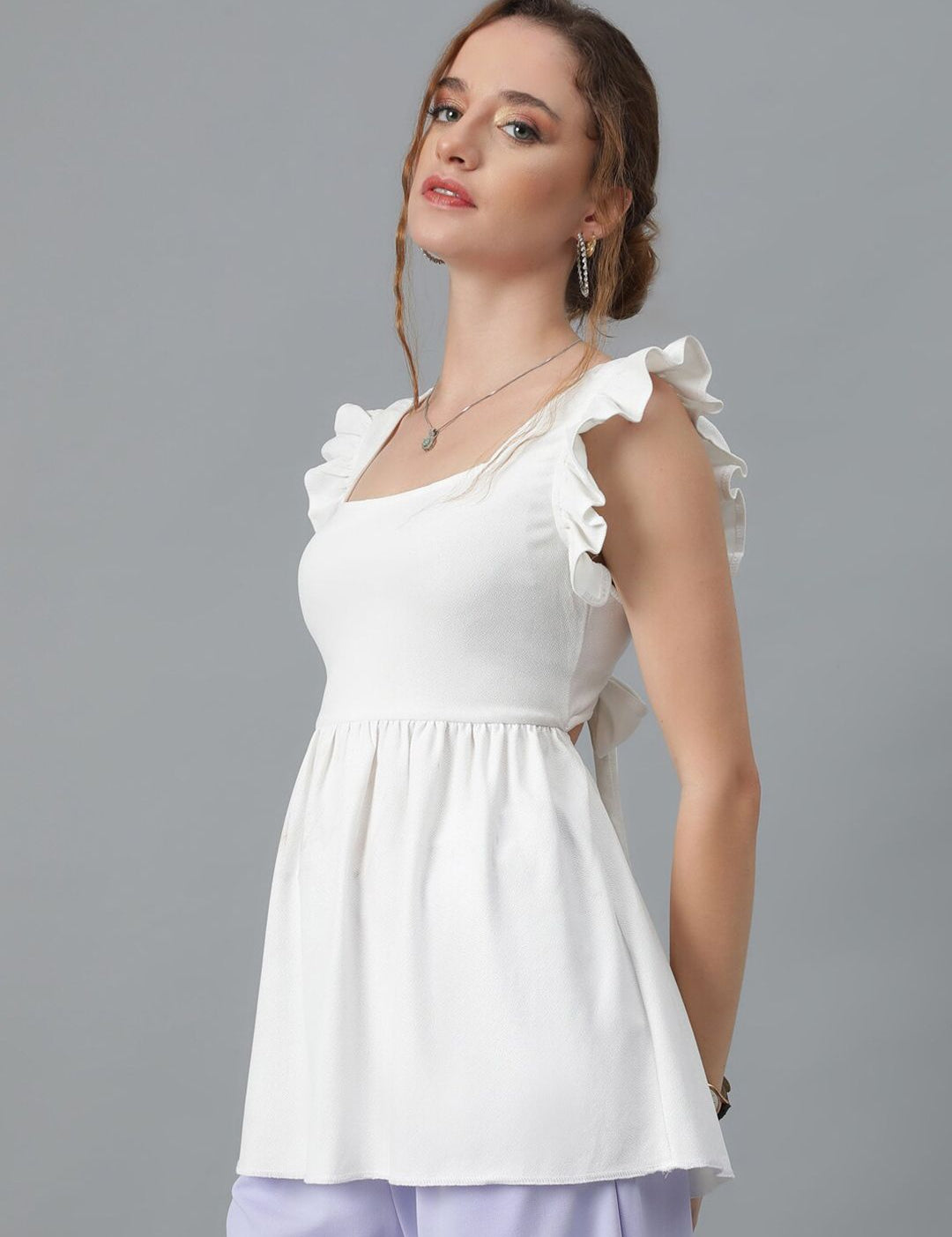 Kotty White Square Neck Flutter Sleeves A-Line Top
