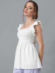 Kotty White Square Neck Flutter Sleeves A-Line Top