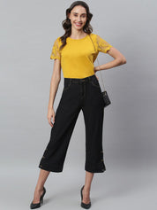 Kotty Women Black Solid Cotton High-Rise Crop Flared Jeans