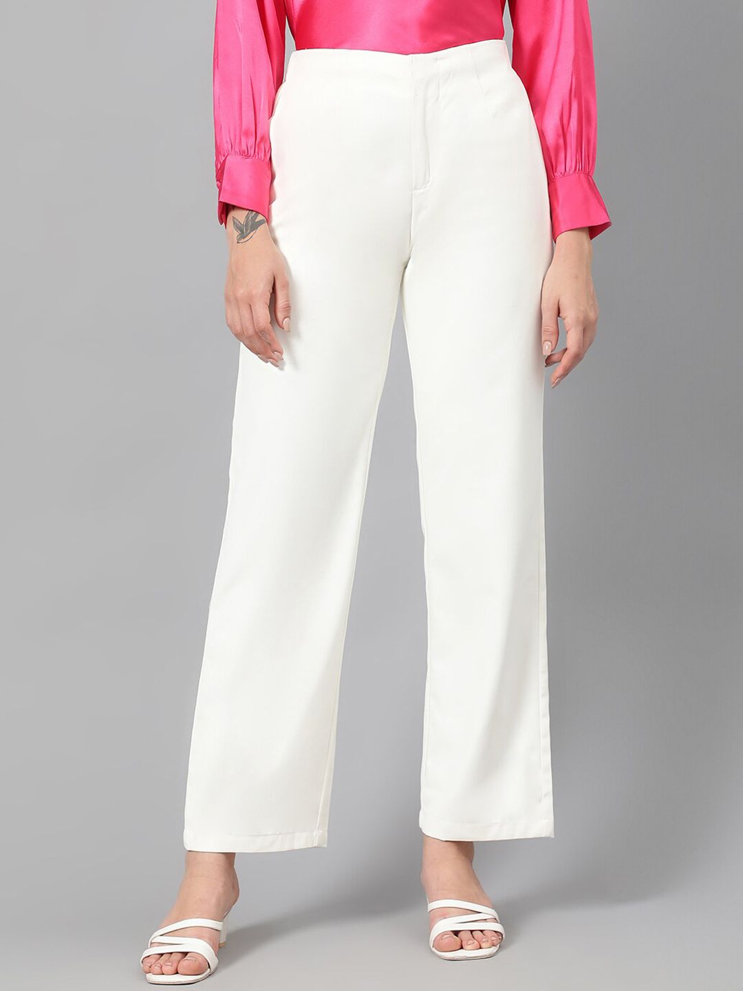 Kotty Women White Relaxed Straight Leg Fit High-Rise Easy Wash Pleated Parallel Trousers