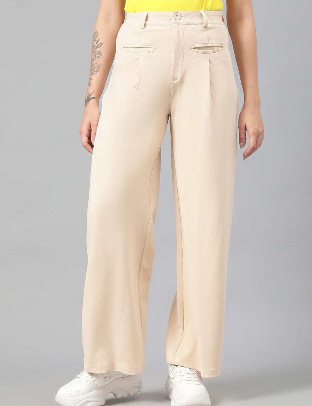 Kotty Women Beige High-Rise Relaxed Straight Leg Straight Fit Easy Wash Trousers