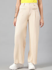Kotty Women Beige High-Rise Relaxed Straight Leg Straight Fit Easy Wash Trousers