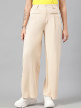Kotty Women Beige High-Rise Relaxed Straight Leg Straight Fit Easy Wash Trousers