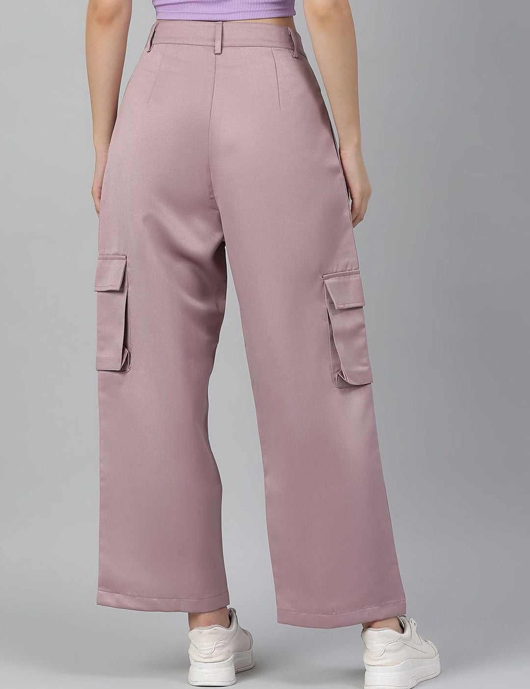 Kotty Women Pink Straight Fit High-Rise Easy Wash Cargos Trousers