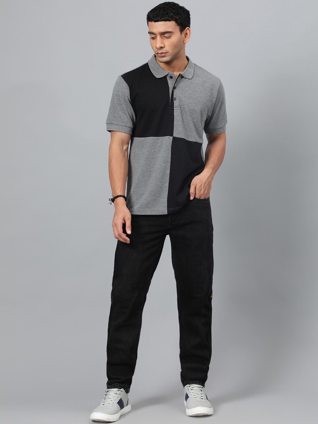 Kotty Grey & Black Colourblocked Polo Collar T-shirt