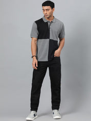 Kotty Grey & Black Colourblocked Polo Collar T-shirt