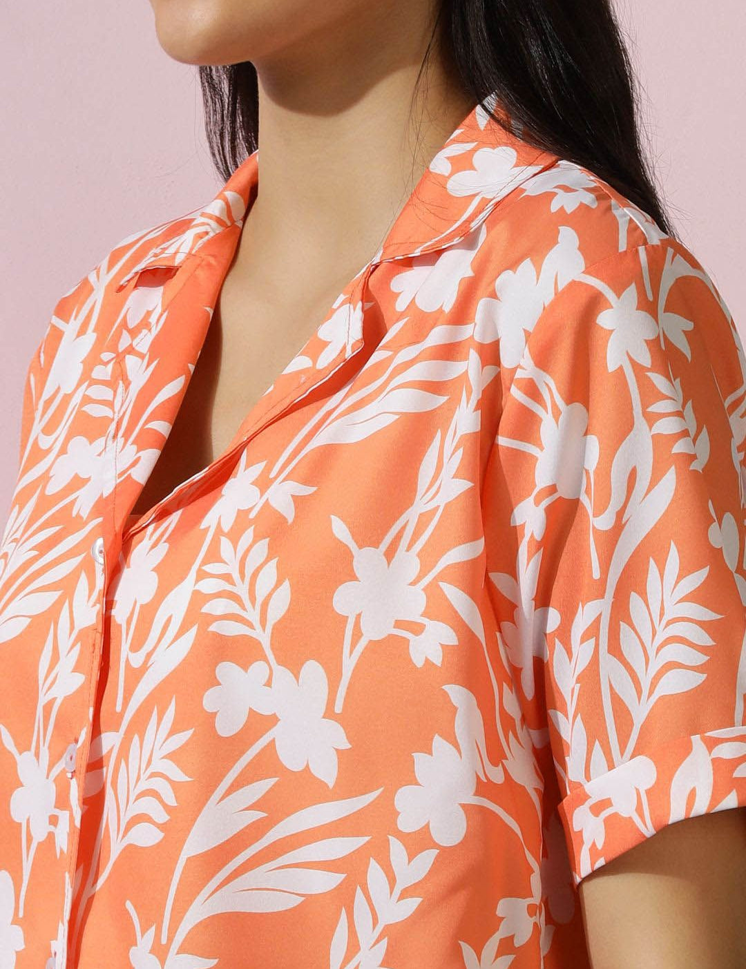 Kotty Orange Floral Printed Shirt Collar Shirt With Trousers  