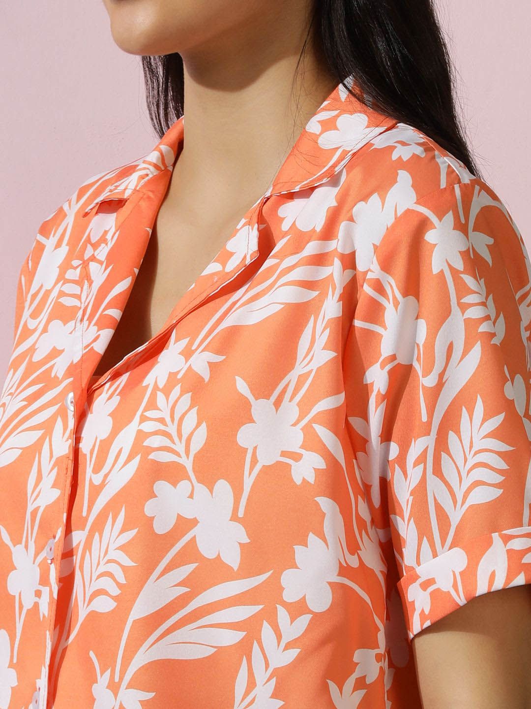 Kotty Orange Floral Printed Shirt Collar Shirt With Trousers  